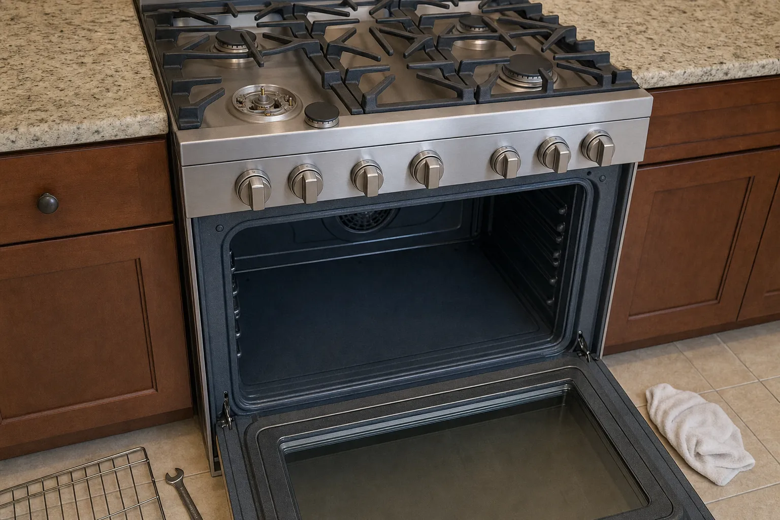 Stainless gas range with the oven door open and one cooktop burner stripped down to its base, wrench on the floor