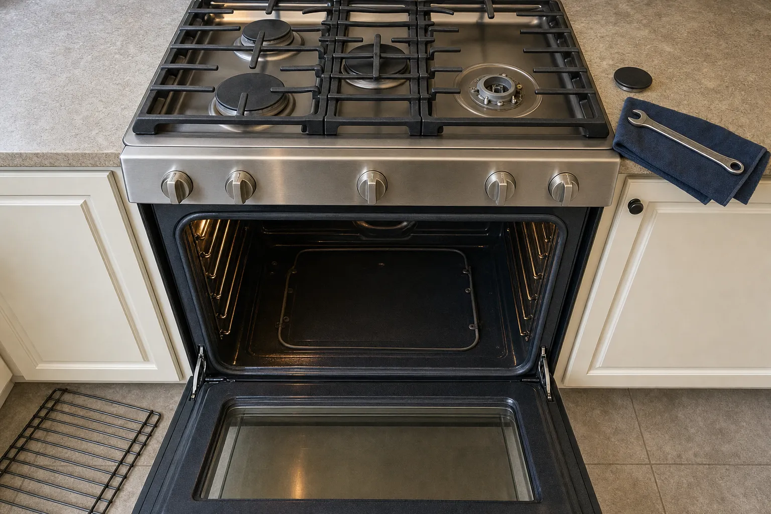 Overhead view of a five-burner gas cooktop with one burner taken down to its base, oven door open below