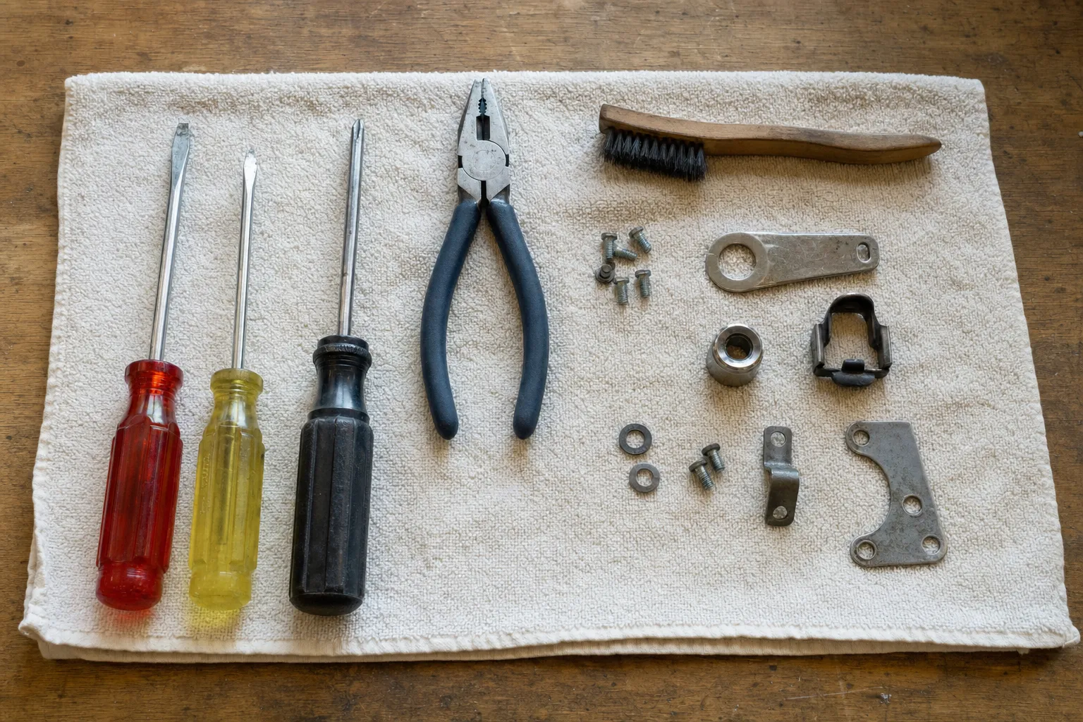 Three screwdrivers, blue-handled pliers and a wire brush on a towel beside a flat arm bracket, a threaded collar, a clip and a curved mounting plate