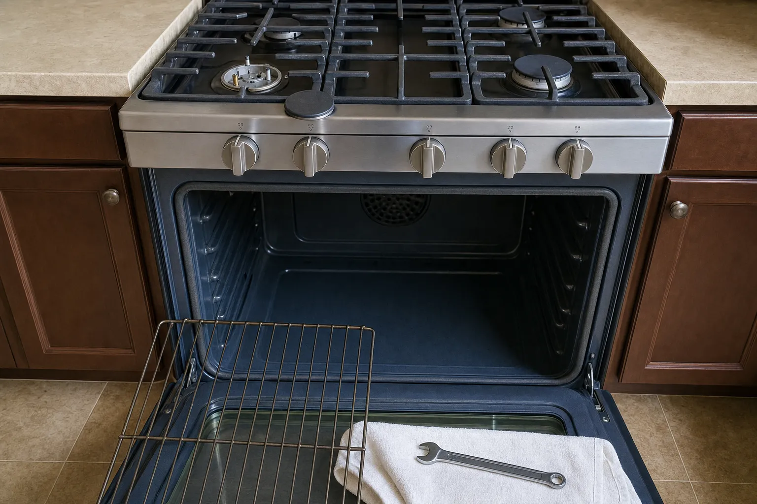 Five-knob stainless gas range with its oven door down, a wire rack resting on the door and a wrench on a white towel on the glass