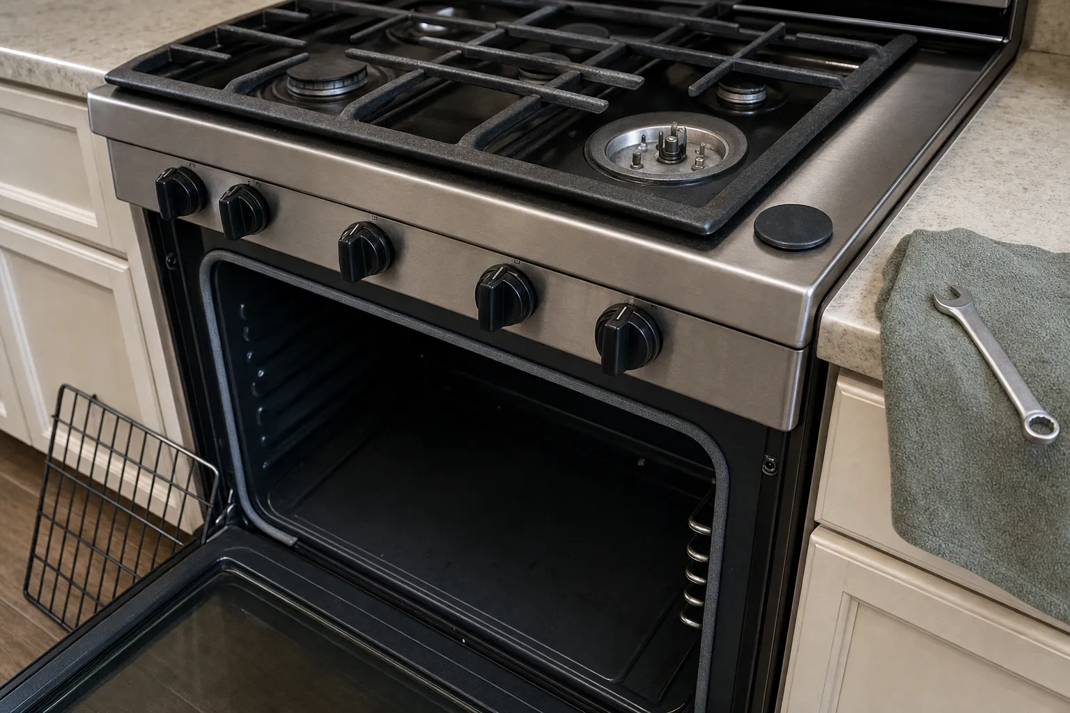 Dark stainless gas range with black knobs, oven open and empty, one burner cap lifted off onto the cooktop deck and a wrench on a green towel