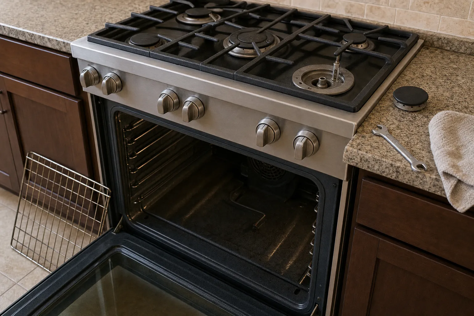Six-knob stainless range under a tiled backsplash, right front burner stripped to its electrode, cap and wrench on the granite beside it