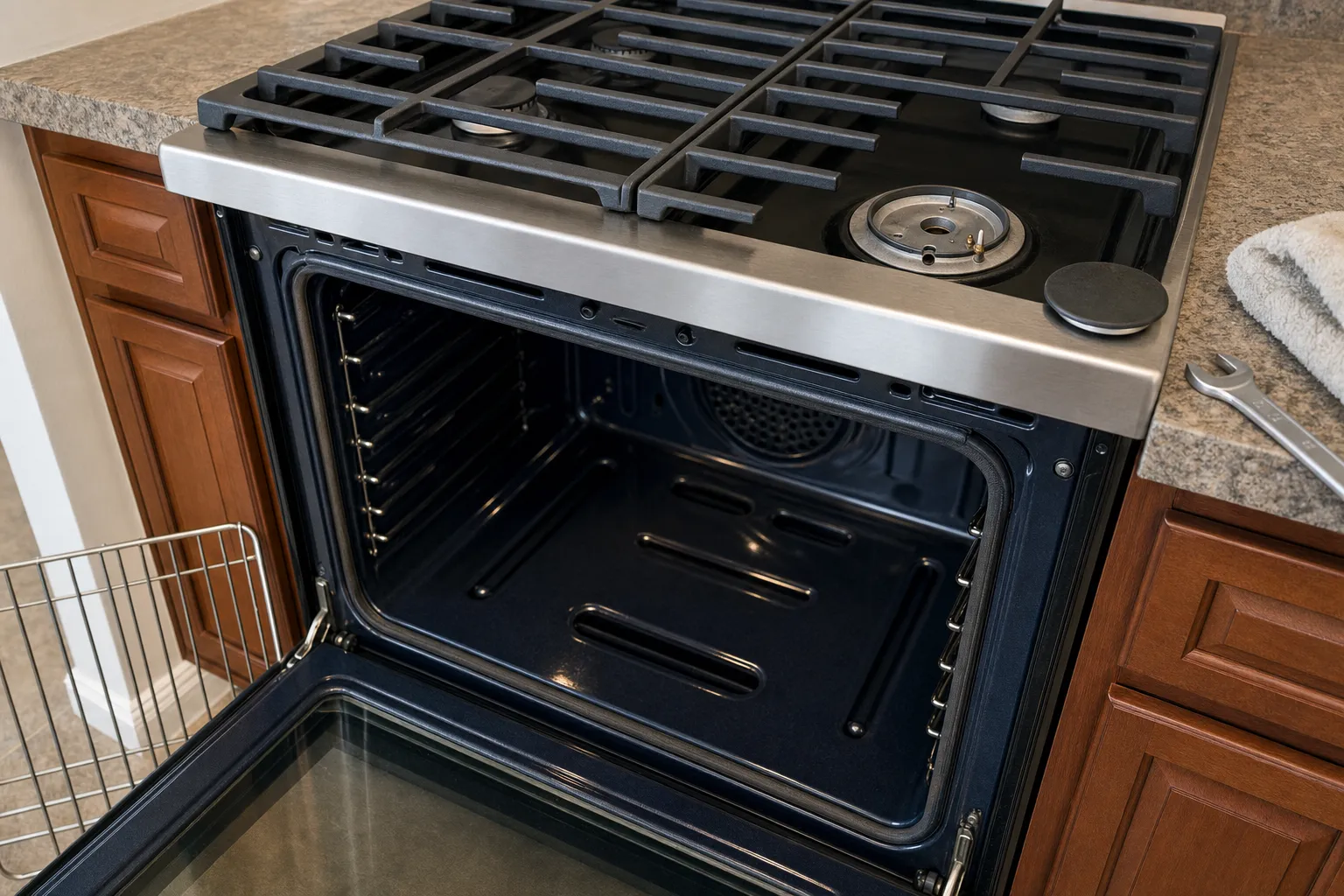 Oven cavity emptied of racks with the convection fan cover visible at the back, one gas burner base exposed on the cooktop above