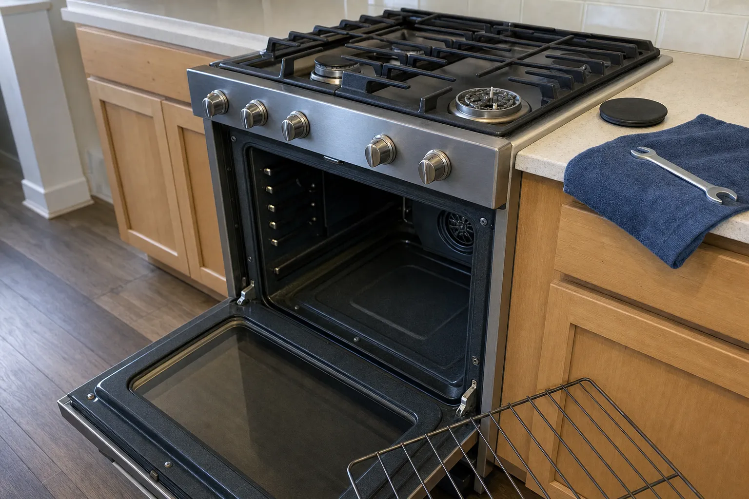 Gas range in light oak cabinets with the oven open, one burner stripped and its cap on the counter beside a wrench on a blue towel