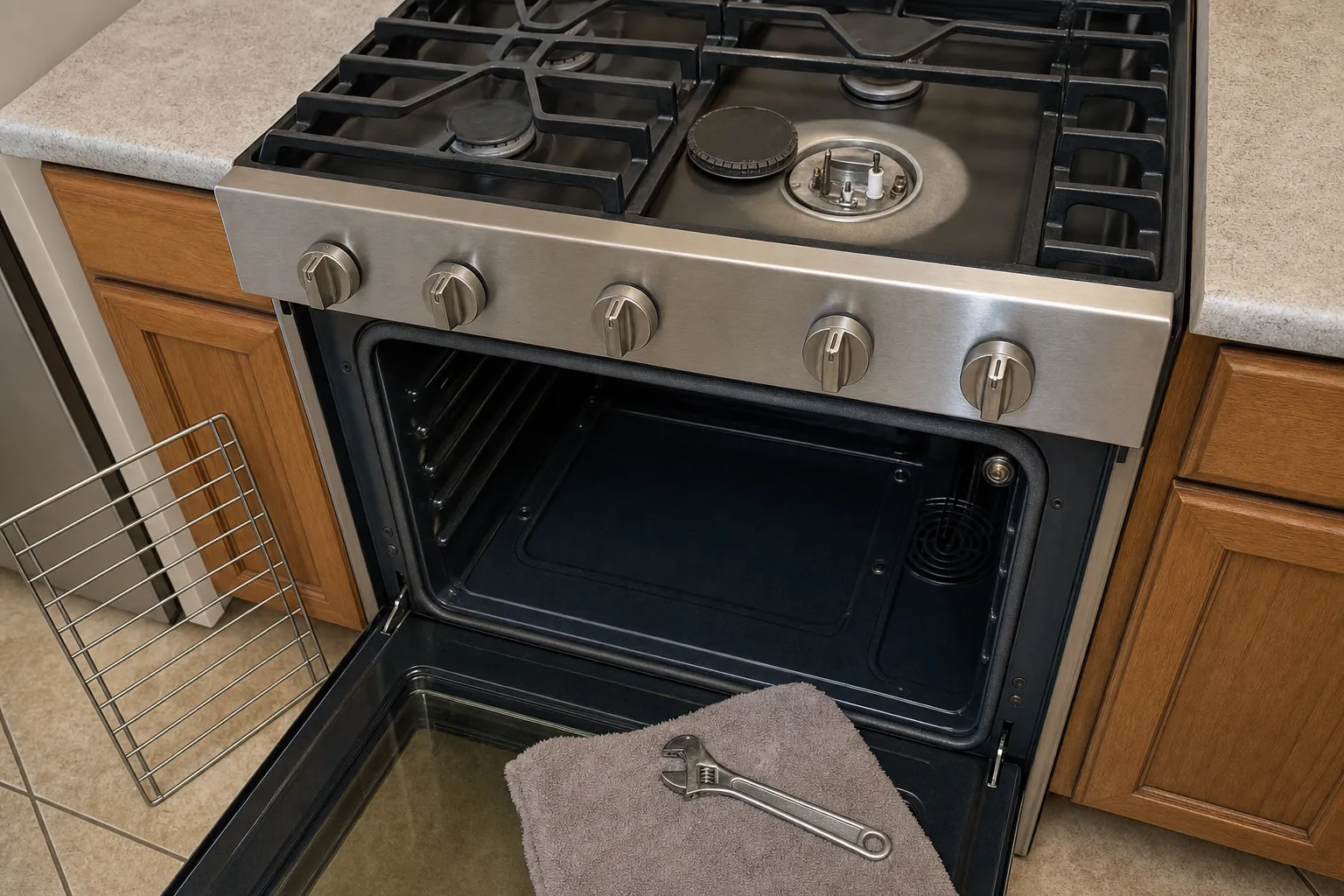 Gas range with one burner cap lifted to show the white ceramic igniter, adjustable wrench on a towel on the open oven door