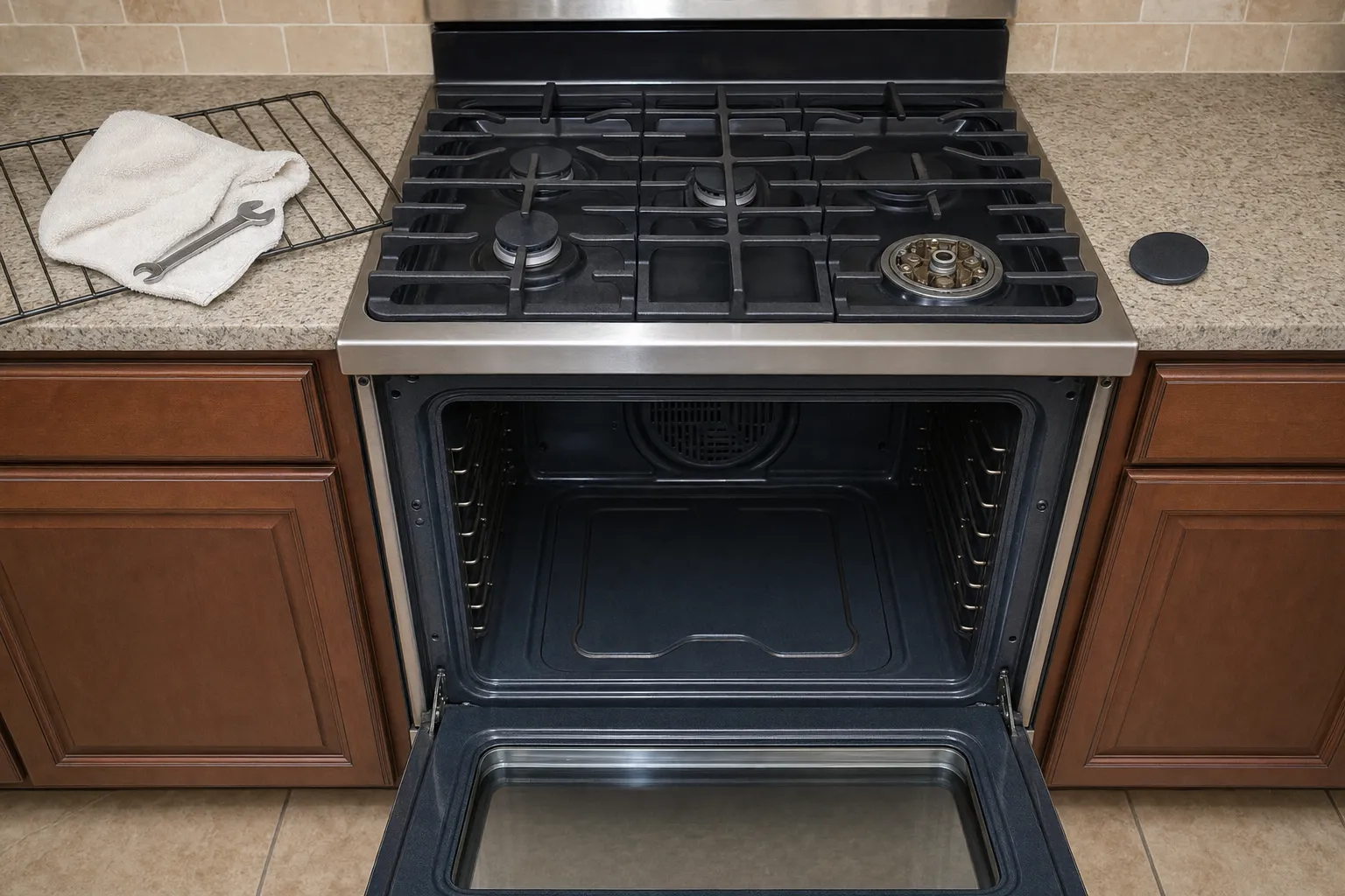 Gas range under a stainless backguard, oven open and empty, a rack laid on the counter with a towel and wrench, one burner base exposed