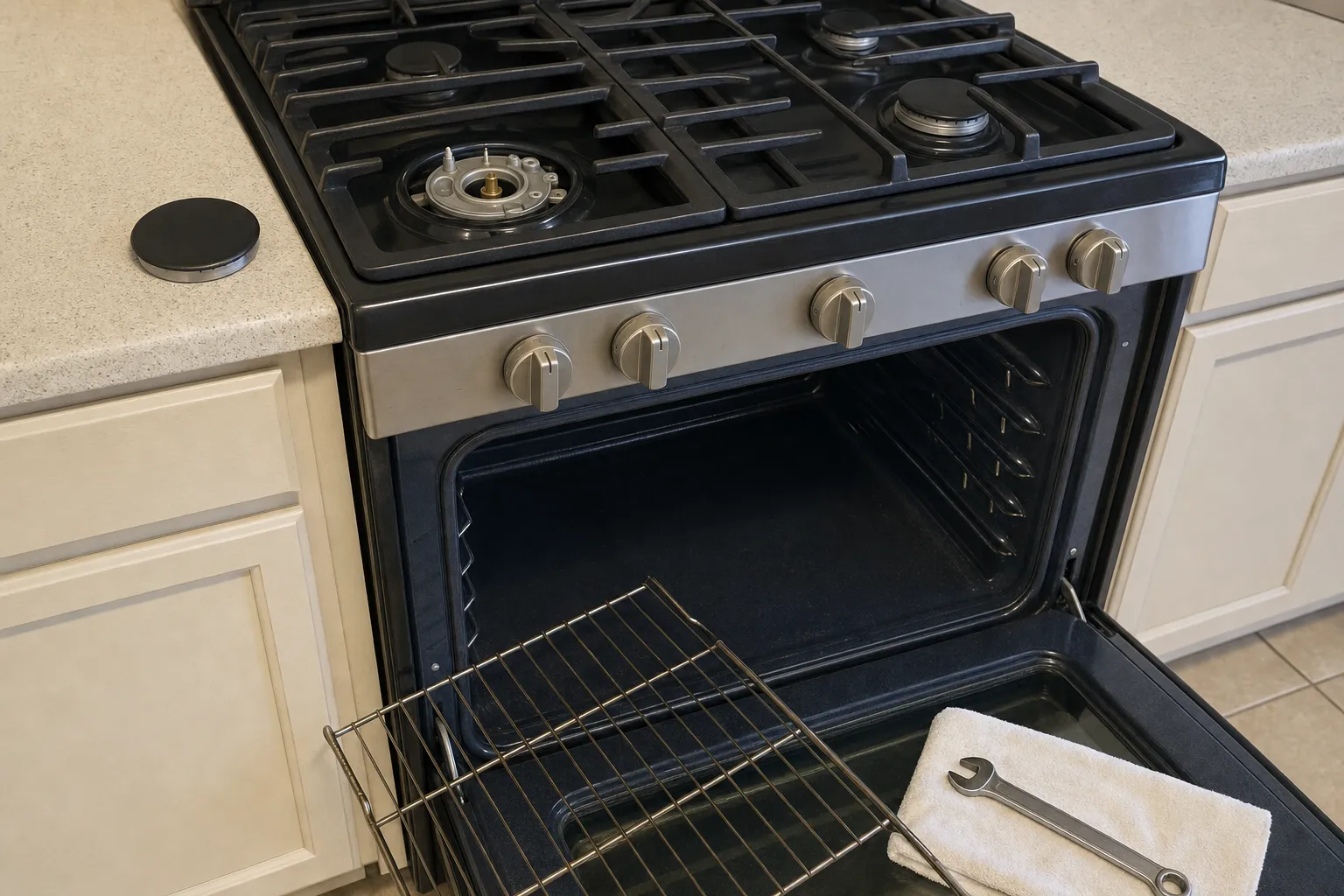 Black-top gas range in cream cabinets, left front burner base exposed with its cap on the counter and a rack sliding out of the oven