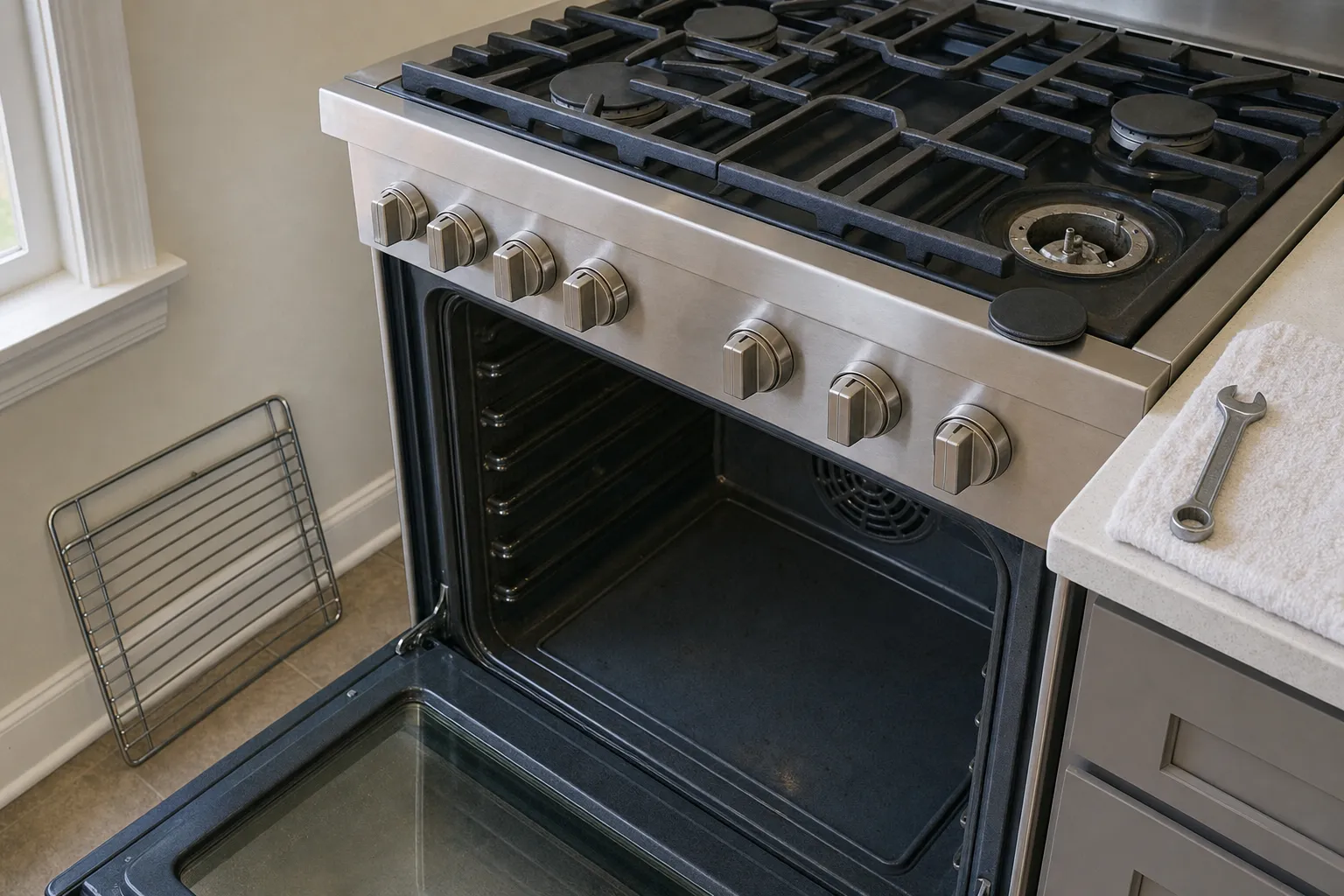 Seven-knob pro-style stainless range beside a window, oven empty with its fan cover showing, rack propped on the floor against the wall