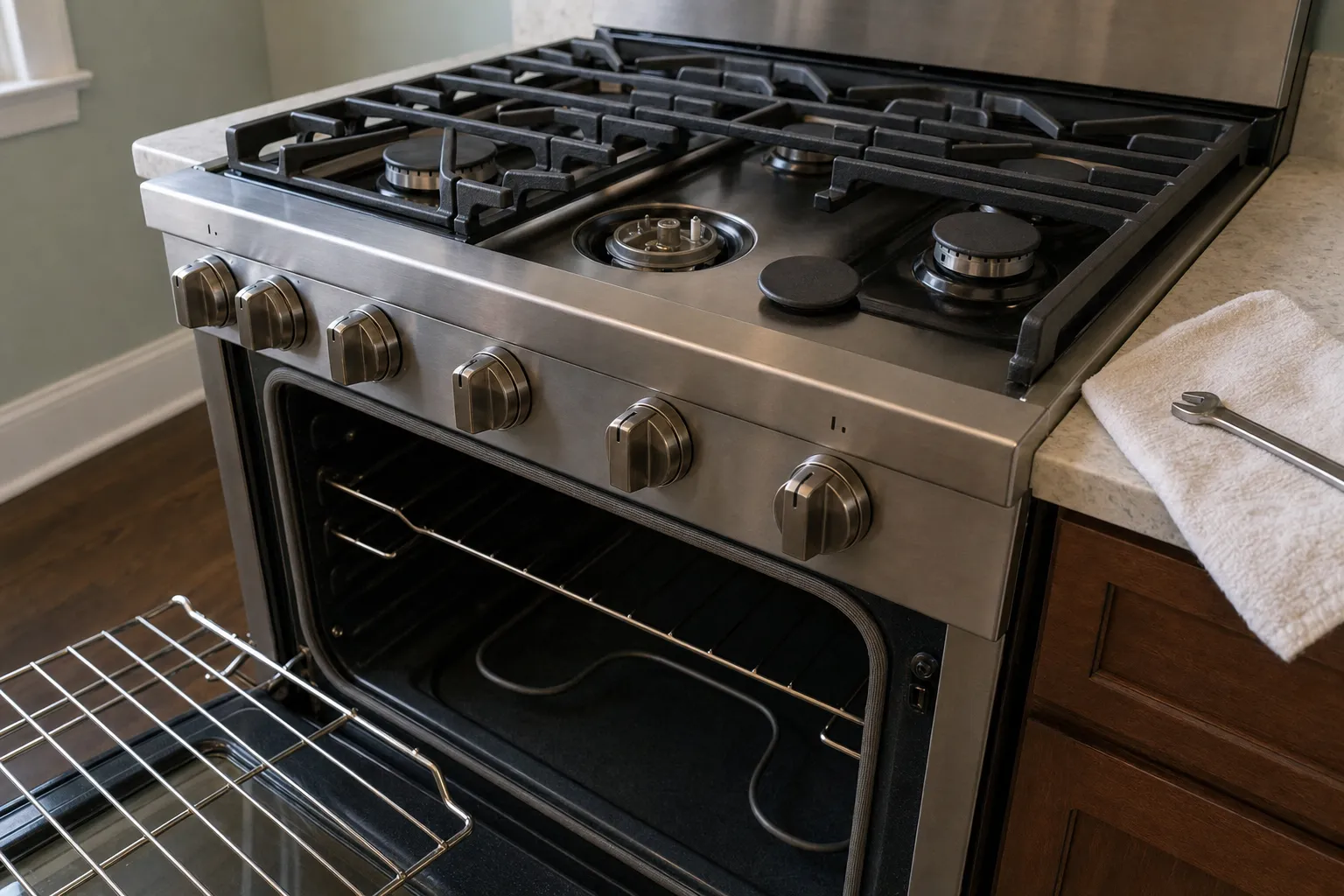 Pro-style stainless range with the oven open on a heating element across the cavity floor, rack pulled out and centre burner uncapped