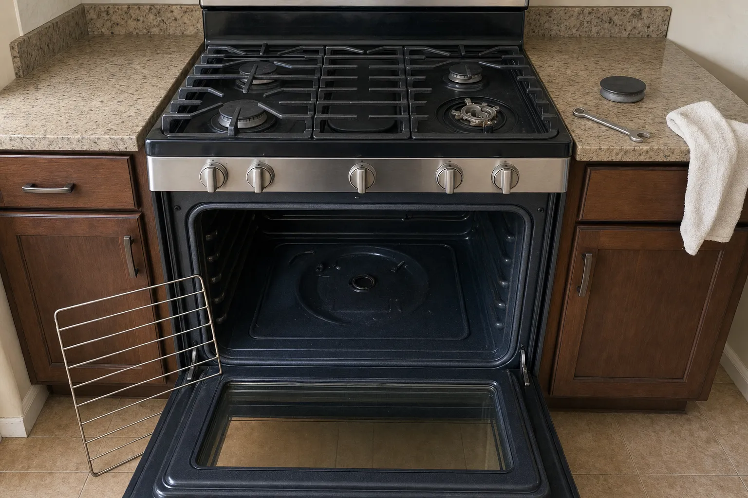 Front view of a five-knob gas range in dark wood cabinets, oven door down on an empty cavity, burner cap and wrench on the granite