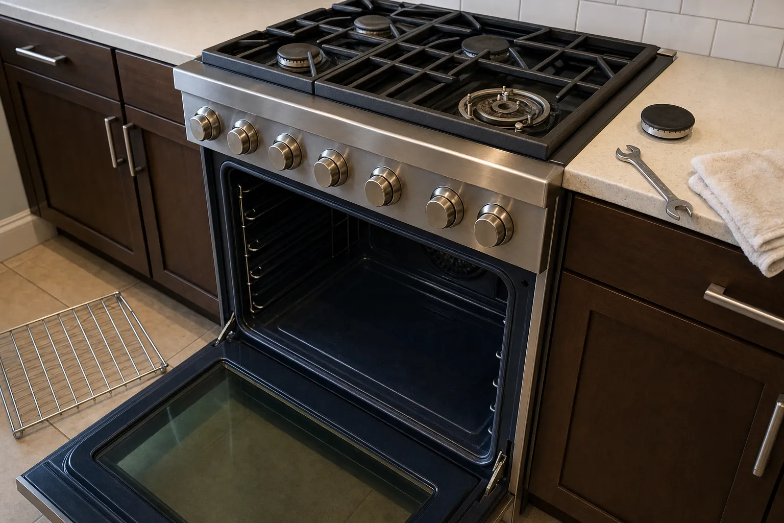Pro-style stainless range against white subway tile, oven door open on an empty cavity and a rack laid on the floor beside it