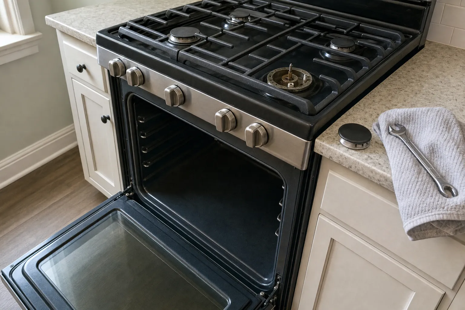 Black-top gas range in cream cabinets with one burner opened to its electrode, the cap on the counter and a wrench on a grey towel